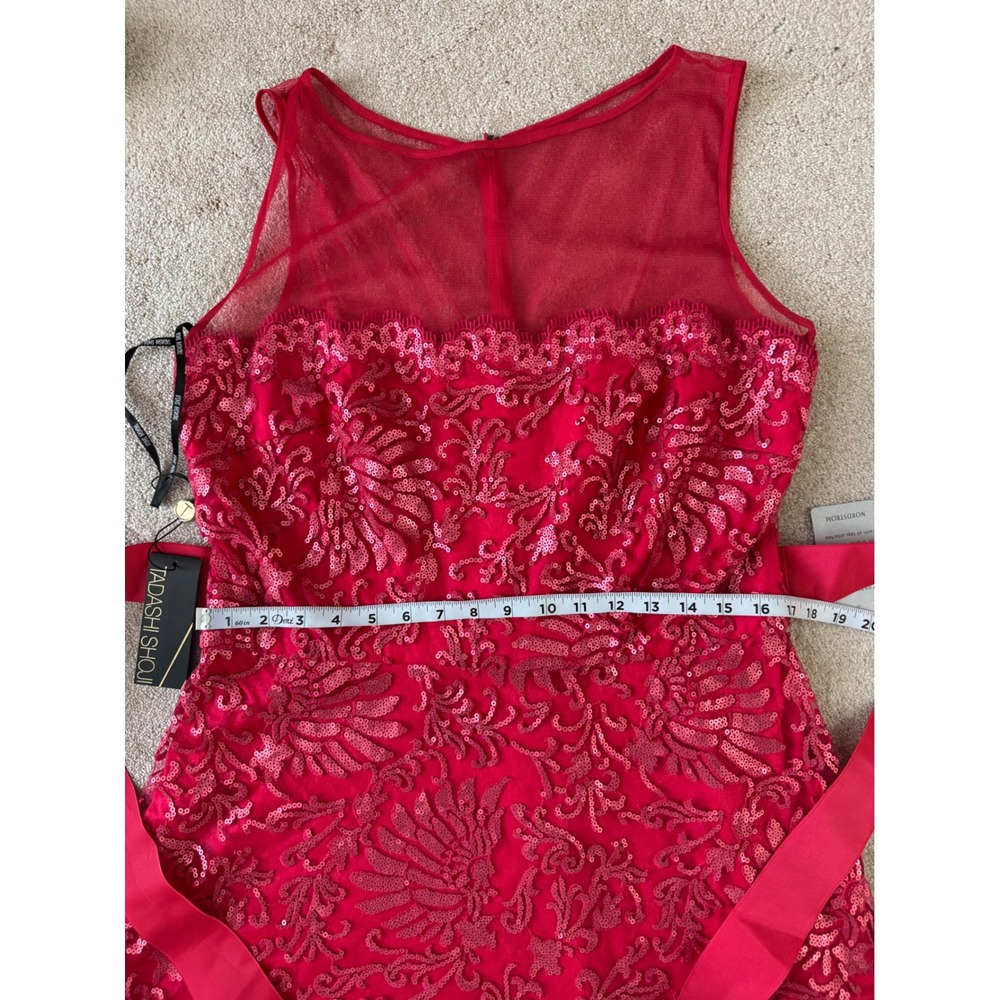 Tadashi Shoji Dress Womens 16 Red Sequin Lace Illusion Ribbon Belt Cocktail New - Picture 12 of 13
